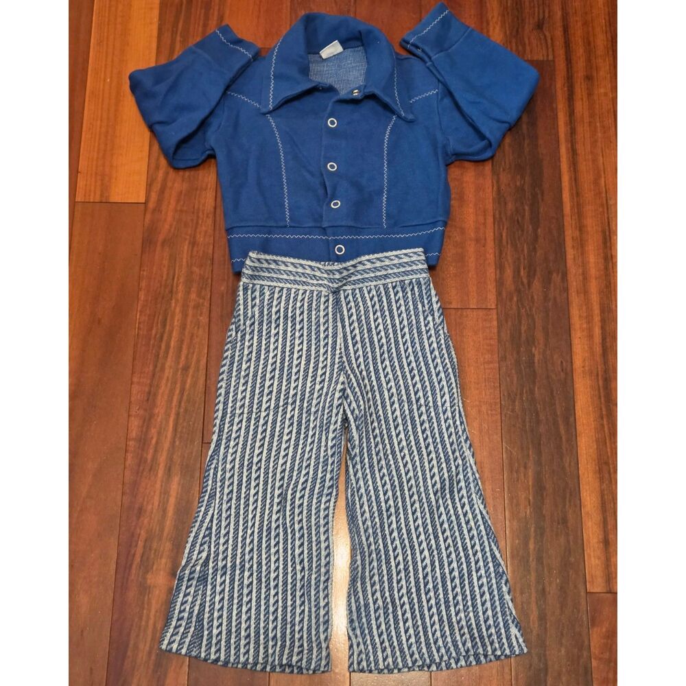 Vintage 70s 80s Carter's 2T Blue White Jacket Pants Set Bell Bottoms